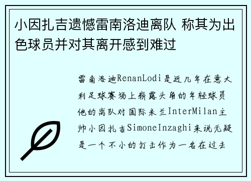 小因扎吉遗憾雷南洛迪离队 称其为出色球员并对其离开感到难过
